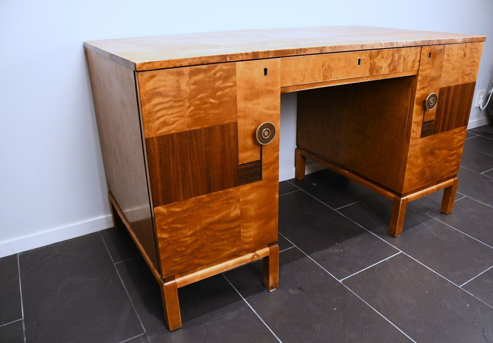 Swedish Grace Flamed Birch And Macassar Desk From Svenska Möbelfabrikerna Smf, Early 1920s photo Furniture