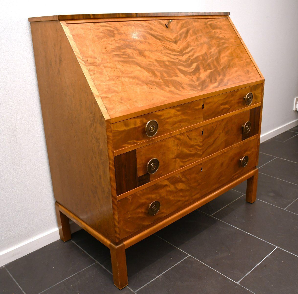 Swedish Grace Flamed Birch And Macassar Secretaire From Svenska Möbelfabrikerna, Late 1920s photo Furniture