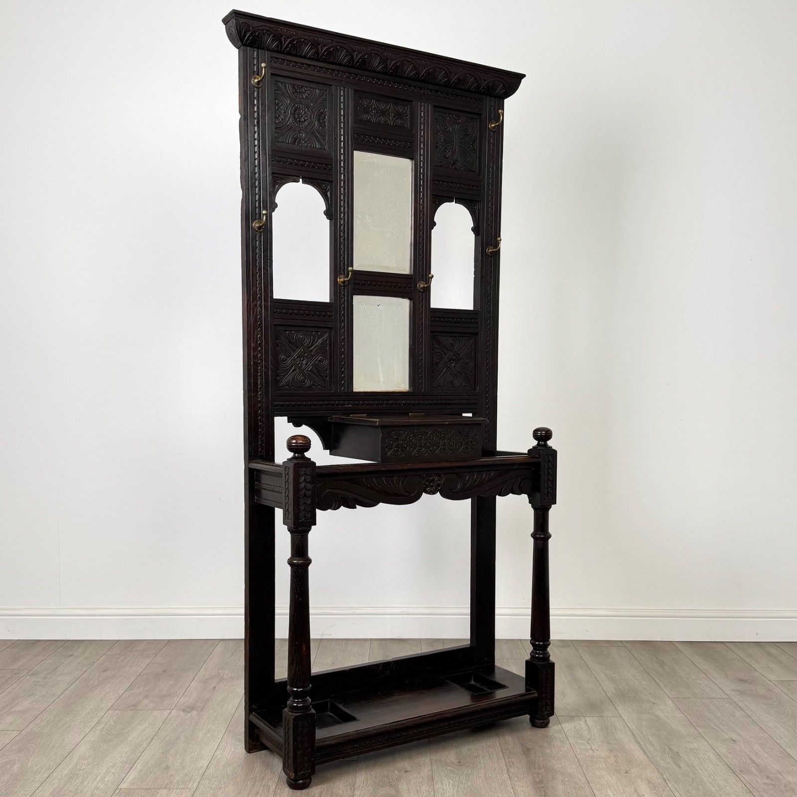 Antique 19th Century Carved Victorian Hall Stand In Oak ( Af 5259 ) photo vintage