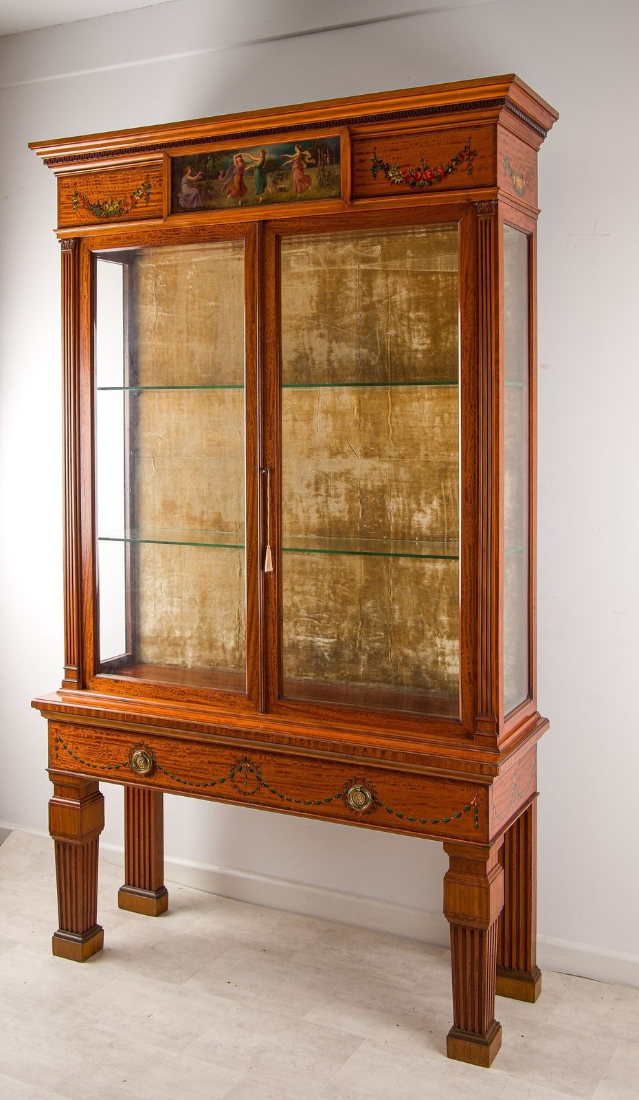 Edwardian Satinwood Painted Display Cabinet Hampton & Sons C.1900 Classical Maidens Hand Painted photo for sale