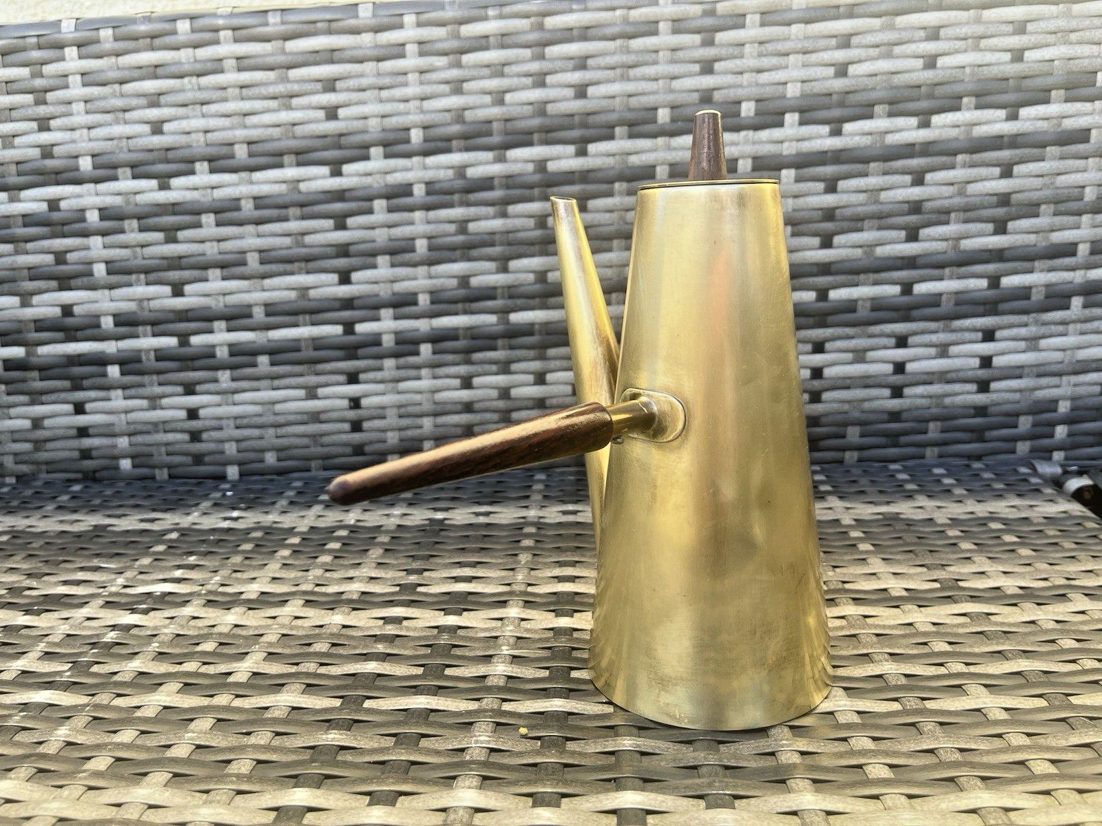 Mid Century Modern Italian Designer Brass Teak Coffee Pot Italy Cafe Bar Display photo vinterior