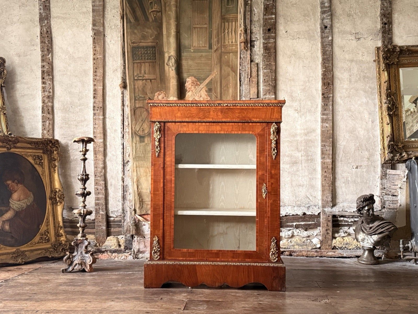 Exceptional Antique Walnut Glass English Pier Ormolu Cabinet W/ Gallery 1870