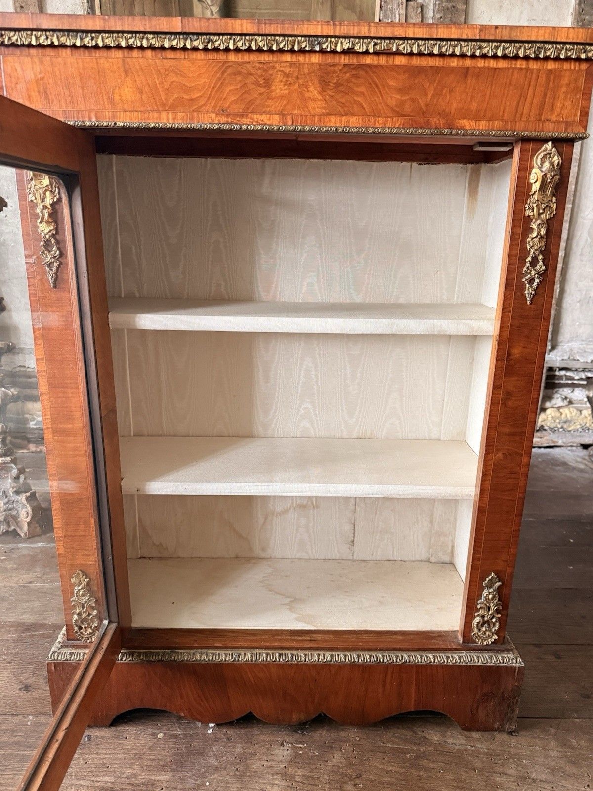 1099.0 Exceptional Antique Walnut Glass English Pier Ormolu Cabinet W/ Gallery 1870 photo