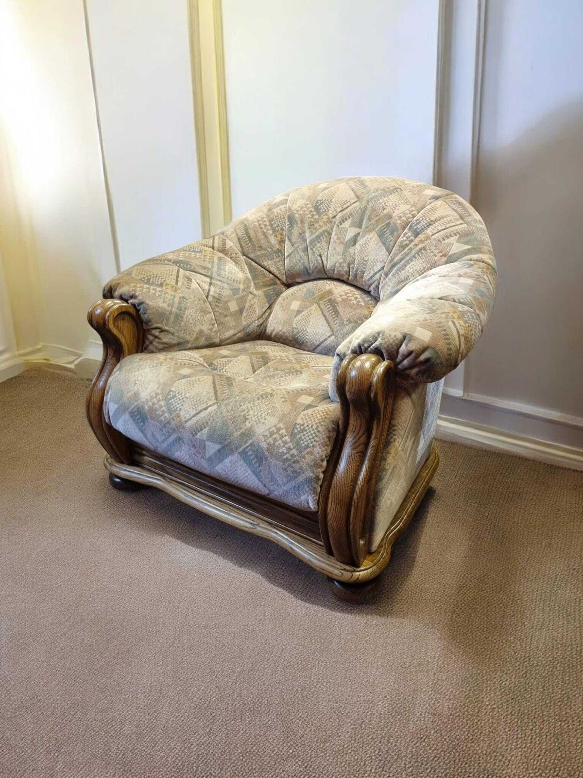 Vintage Belgian Armchair / Club Chair Solid Wood Arms / C1970