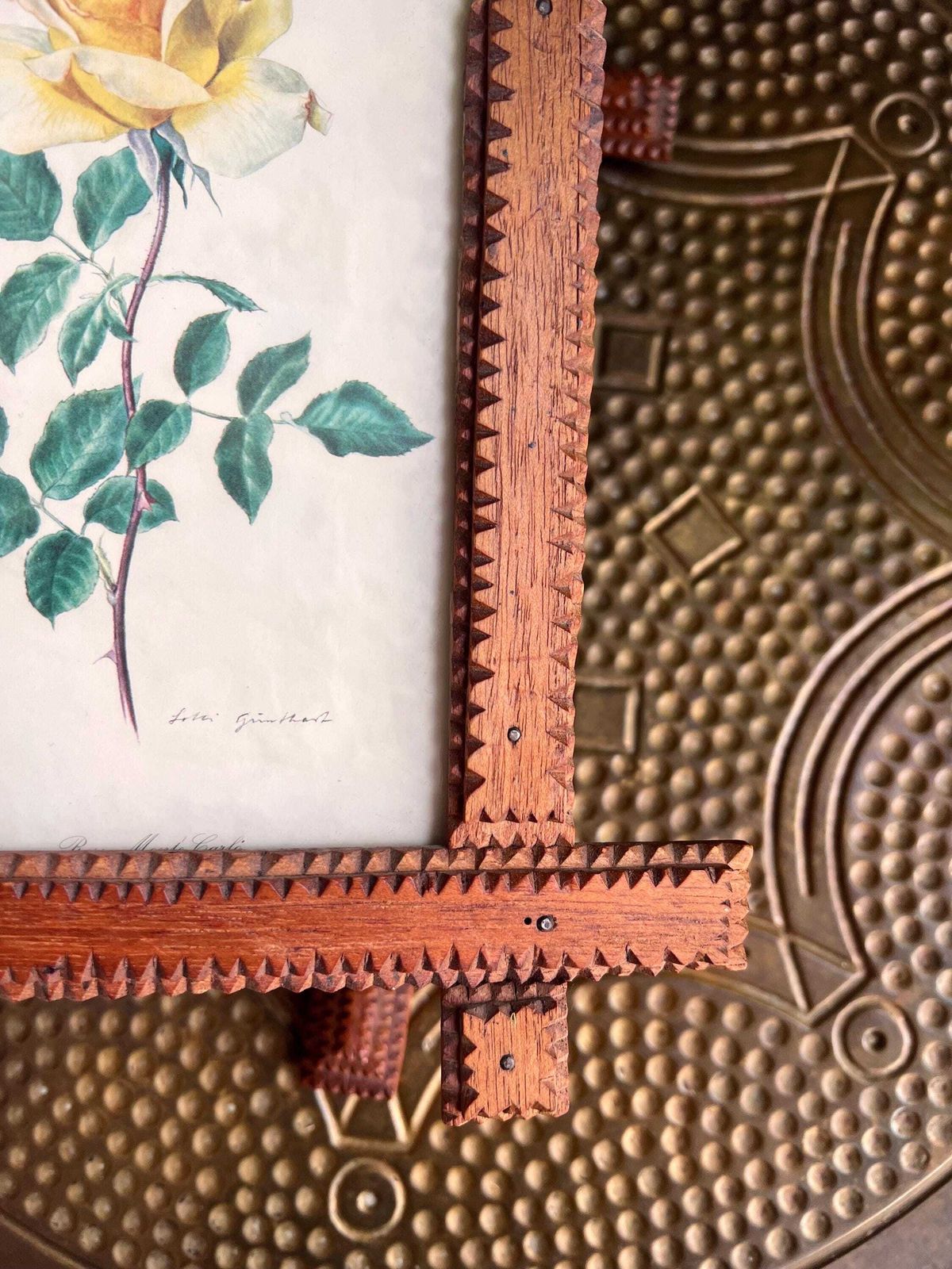Antique Tramp Art Wood Frames, Hand Carved Crown Of Thorns, Swiss Folk Art Pair photo 257.0
