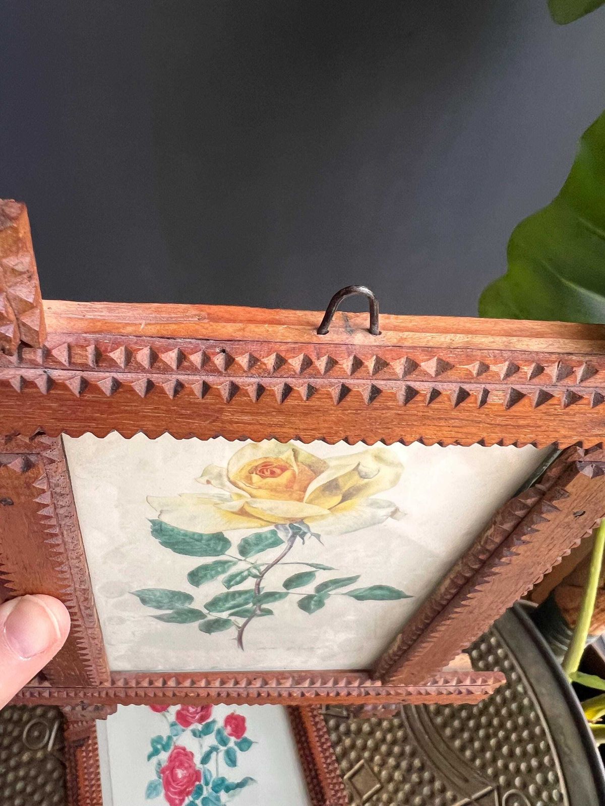 photo for sale Antique Tramp Art Wood Frames, Hand Carved Crown Of Thorns, Swiss Folk Art Pair