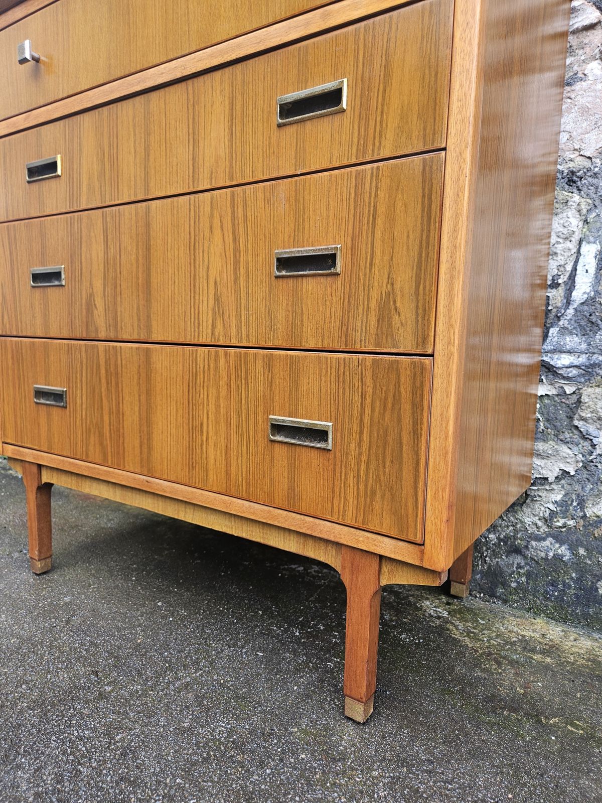 photo for sale Mid Century Teak Chest Of Drawers Four Drawer Cabinet Super Proportions Brass Detailing