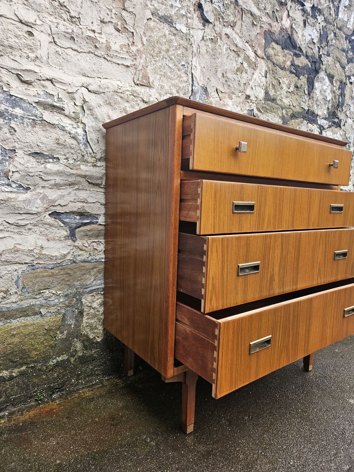 375.0 Mid Century Teak Chest Of Drawers Four Drawer Cabinet Super Proportions Brass Detailing photo