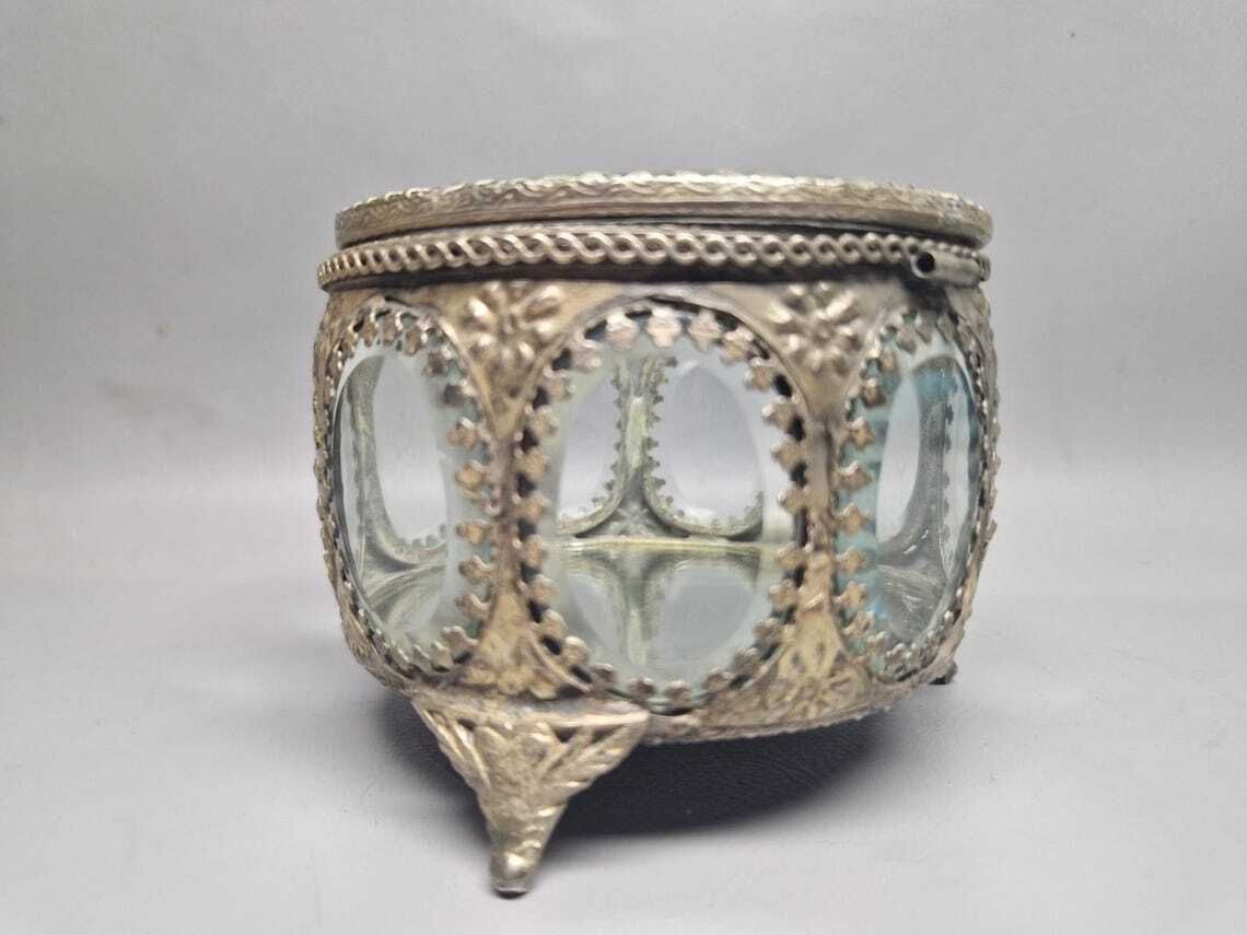 Antique French Beveled Glass Jewellery / Ormolu Casket Box Ornate