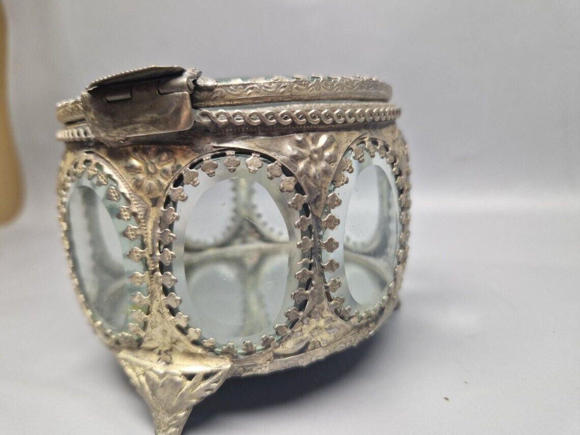 Antique French Beveled Glass Jewellery / Ormolu Casket Box Ornate photo vintage