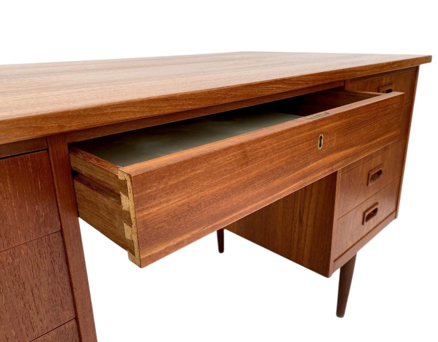 photo for sale Danish Large Teak Writing Desk With Recessed Handles Double Pedestal Mid Century 1960s