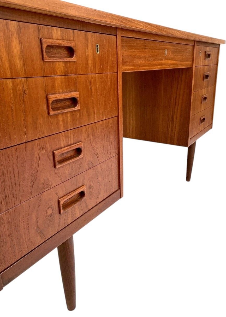 Danish Large Teak Writing Desk With Recessed Handles Double Pedestal Mid Century 1960s photo vinterior