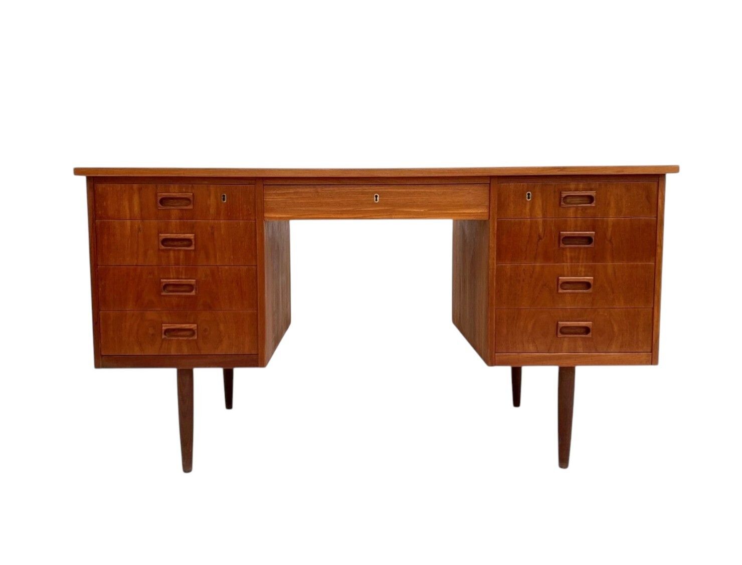 Danish Large Teak Writing Desk With Recessed Handles Double Pedestal Mid Century 1960s