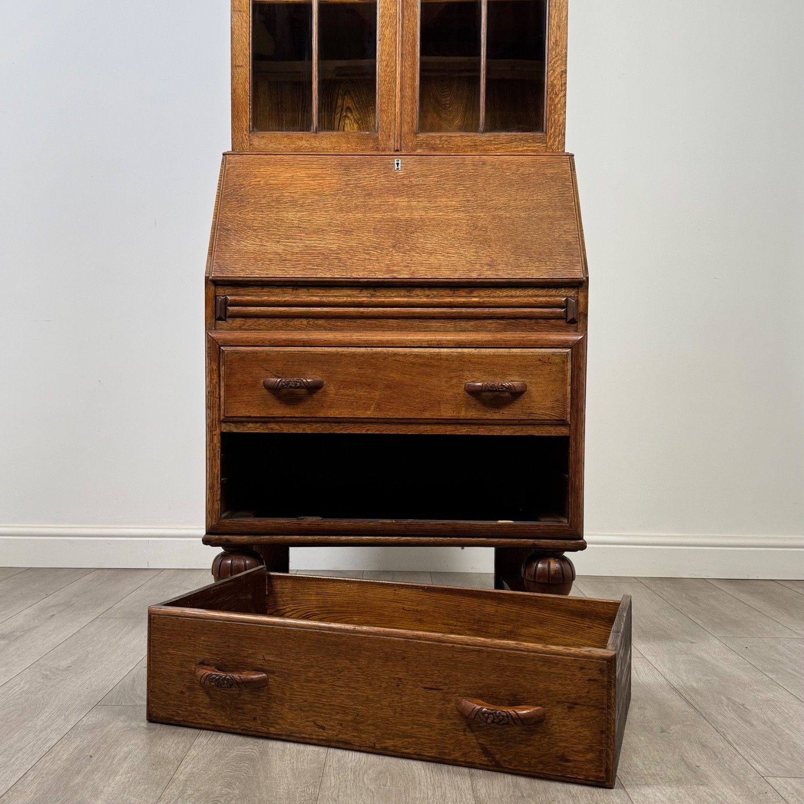 photo vinterior Antique 20th Century Art Deco Golden Oak Bureau Bookcase ( Af 5245 )