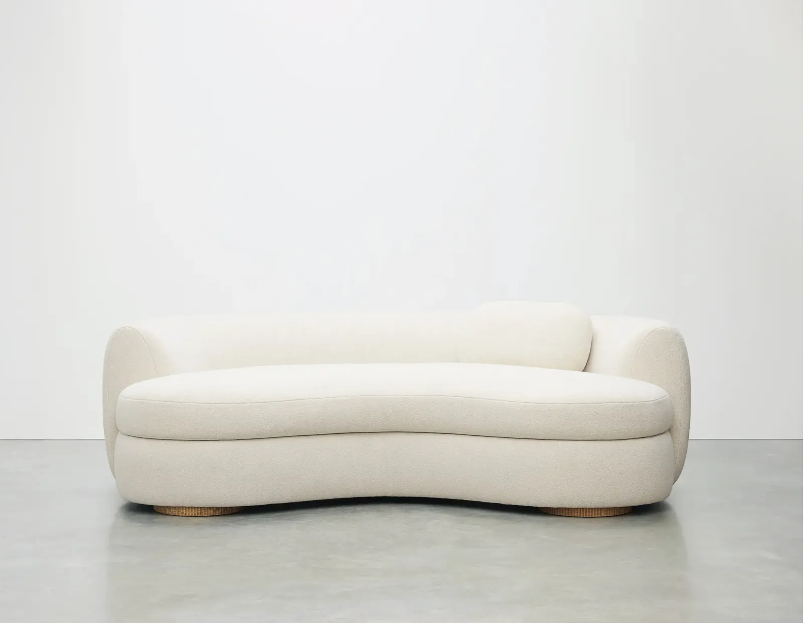 Handmade Sedilia Sennen Curved Sofa, Ismay Bouclé Parchment, Black Walnut Natural Oil Base