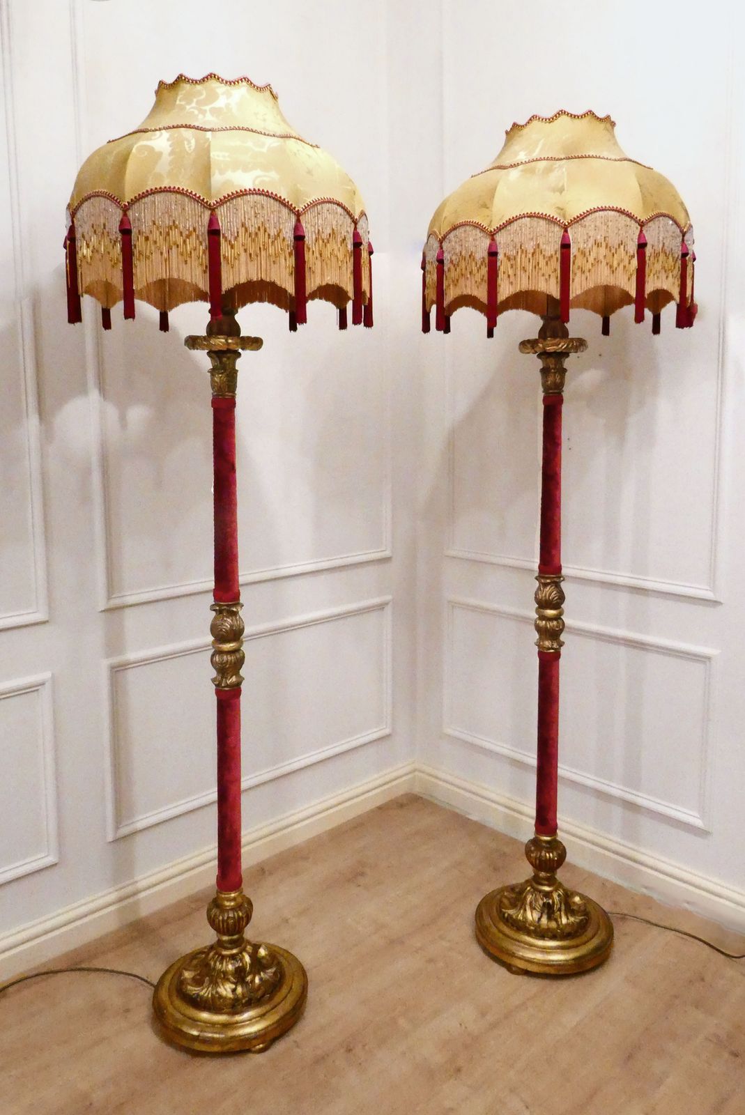 Pair Of Italian Baroque Style Giltwood Floor Lamp, 1920's
