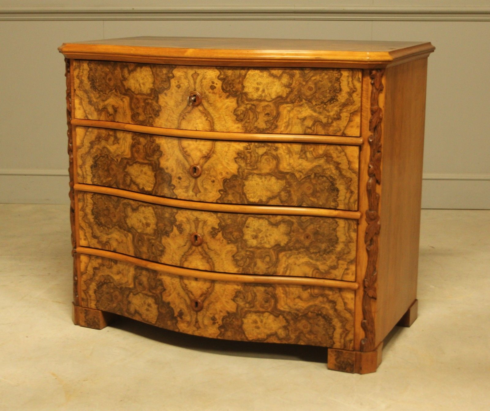 A Neo‑Rococo Swedish Serpentine Burr Walnut Chest Of Drawers photo for sale