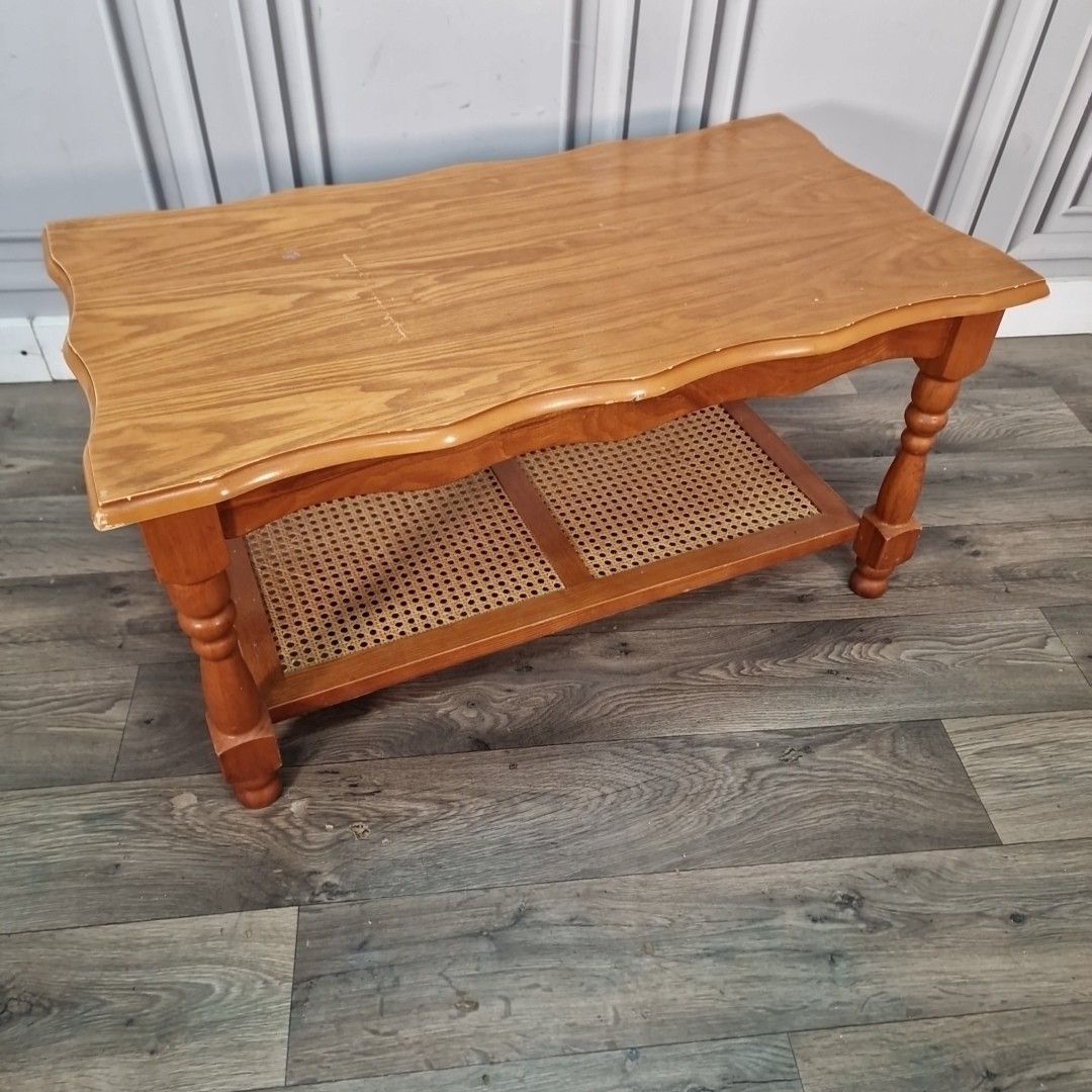 Vintage Coffee Table Wood And Cane Lower Shelf Retro Farmhouse Country photo for sale