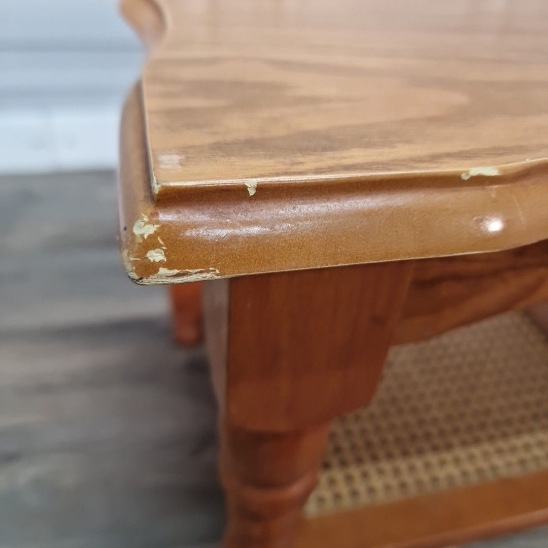 photo for sale Vintage Coffee Table Wood And Cane Lower Shelf Retro Farmhouse Country