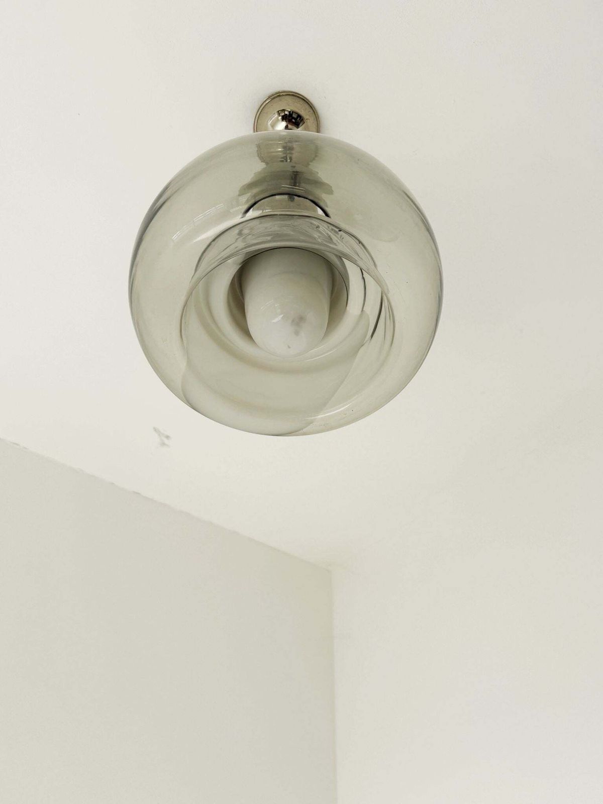 Smoked Glass Pendant Lamp With Internal Opaline Decoration – Italy, 1970s photo for sale