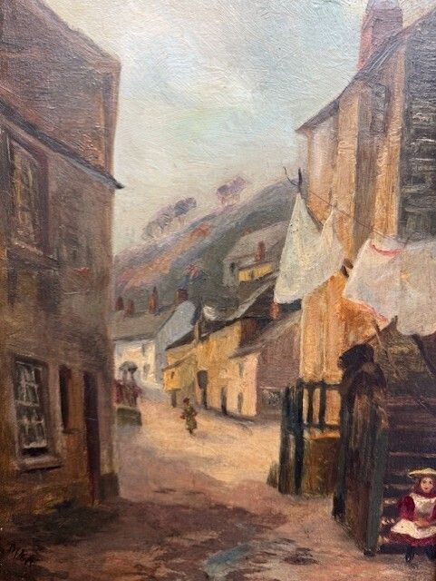Oil Painting Of A Street Scene, Oil On Board 19th Century