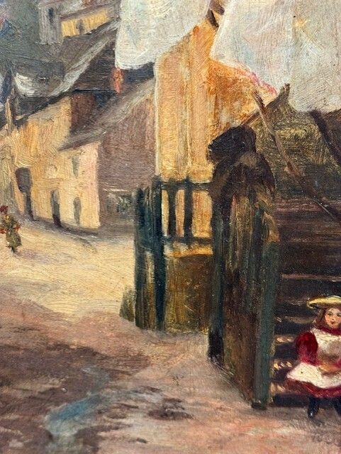 Oil Painting Of A Street Scene, Oil On Board 19th Century photo Art