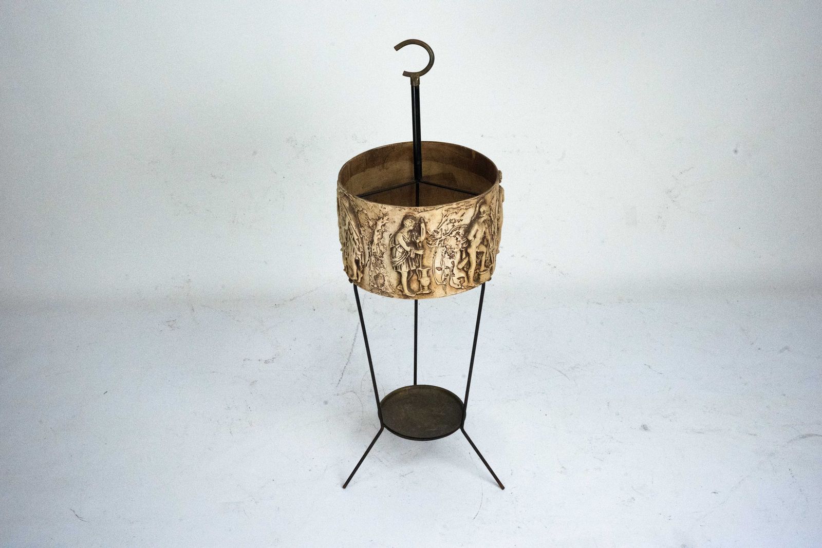 Mid Century Umbrella Stand In Iron And Brass With Neoclassical Relief, Italy 1950s photo vintage