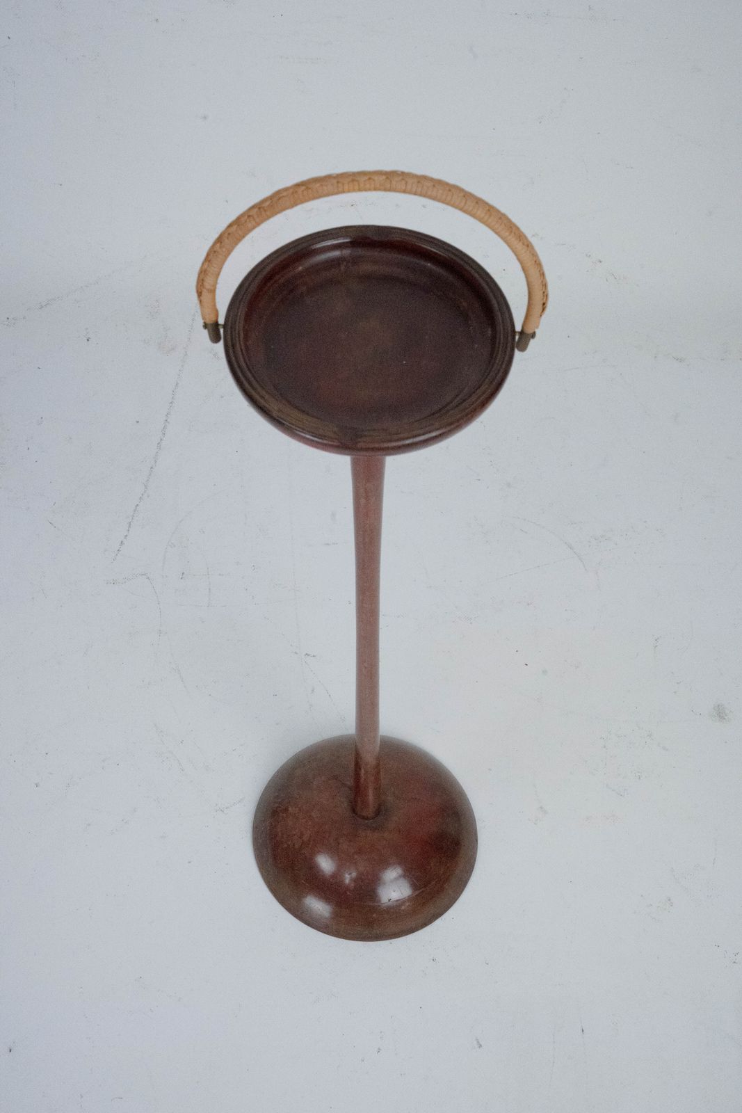 Vintage Wooden Ashtray Stand With Braided Leather Handle. Italy 1950s photo for sale