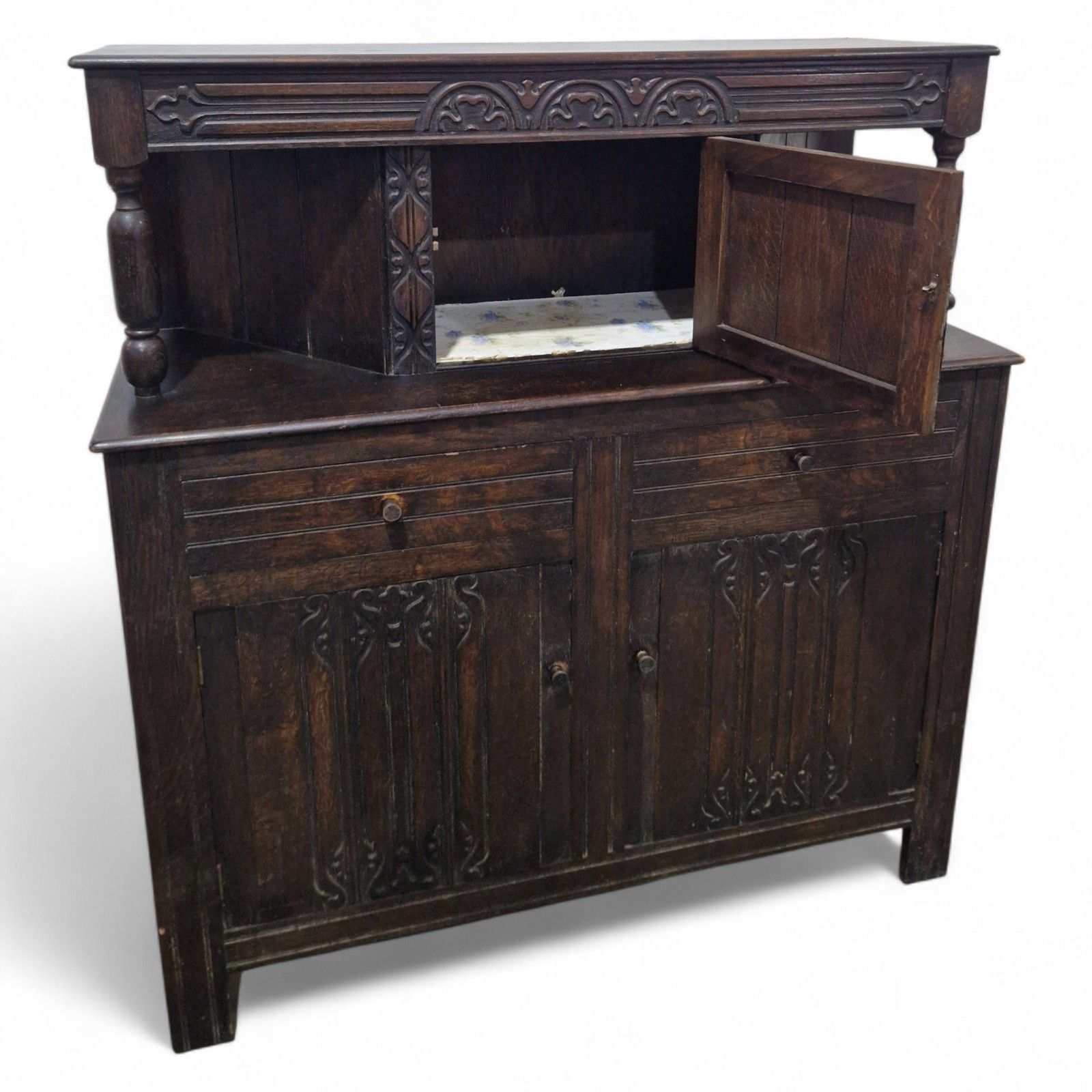 photo buy Victorian Carved Oak Buffet Dresser Jacobean Revival Antique Cupboard Sideboard