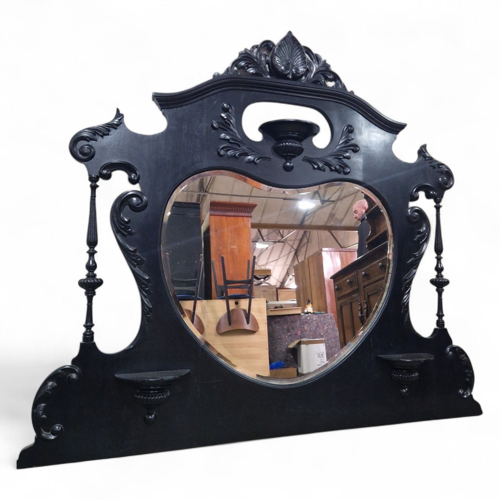 Victorian Overmantel Mirror Large Black Carved Heart Shaped Wall Mirror