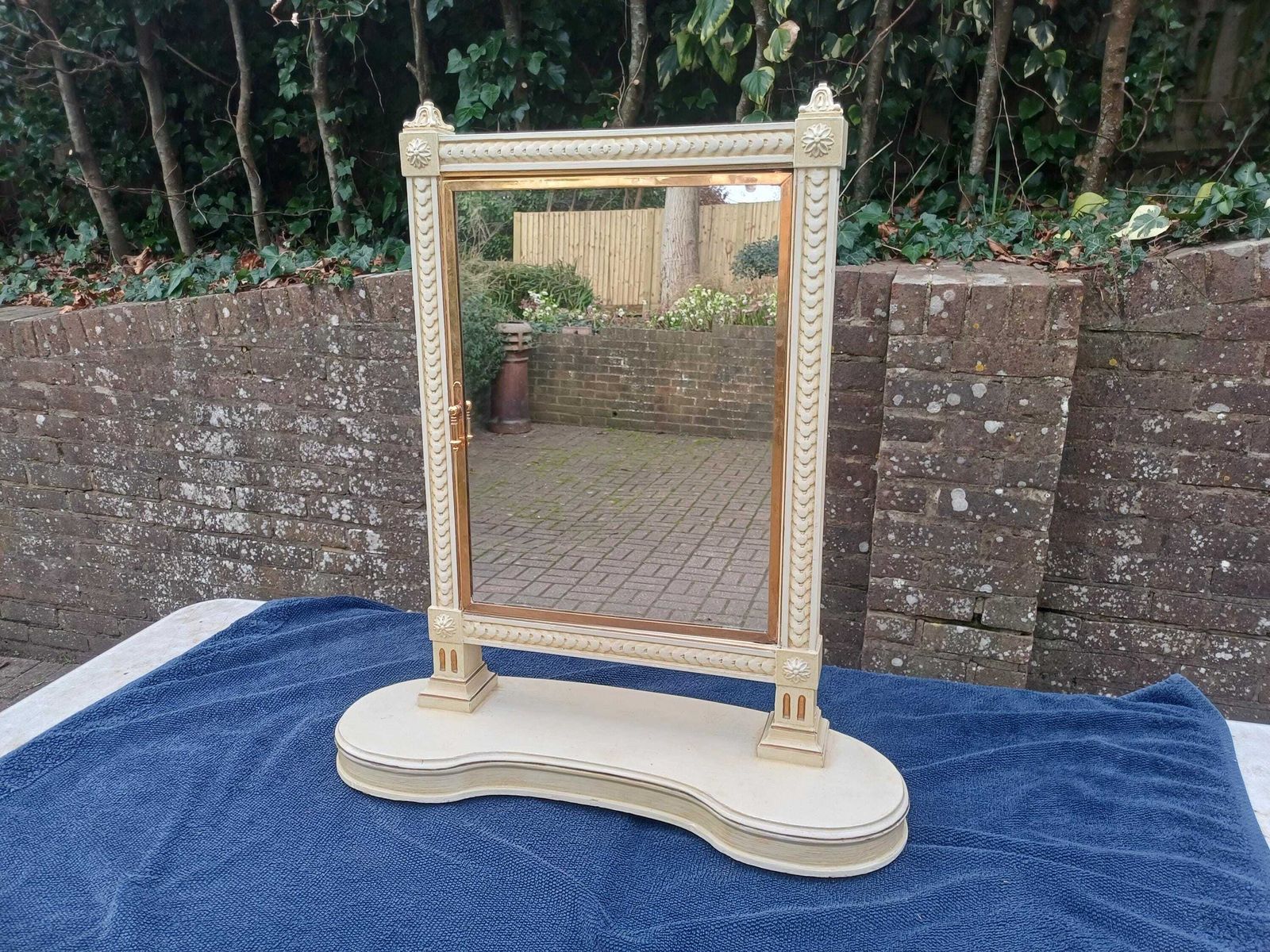 photo for sale High Quality 80s Antique Ritz Hotel Dressing Table Mirror Triple Vanity Folding Doors Gold Cream Painted Brass Frame