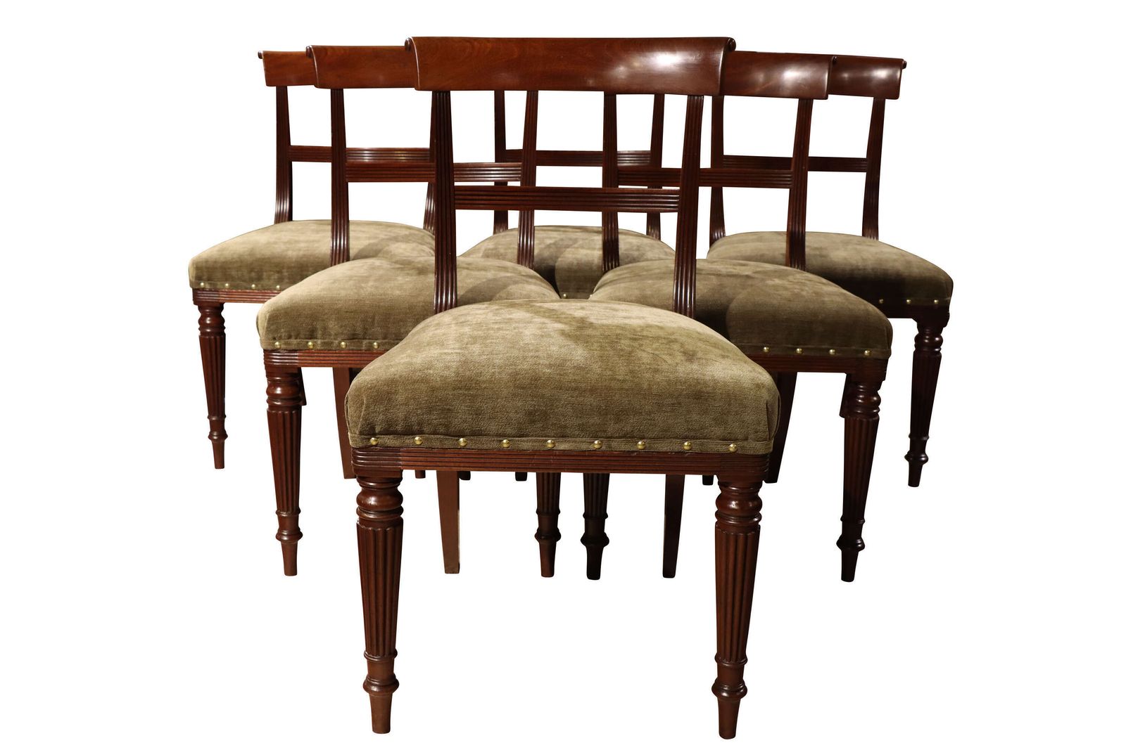 Set Of Six Regency Mahogany Bar Back Dining Chairs With Reeded Legs, Circa 1820
