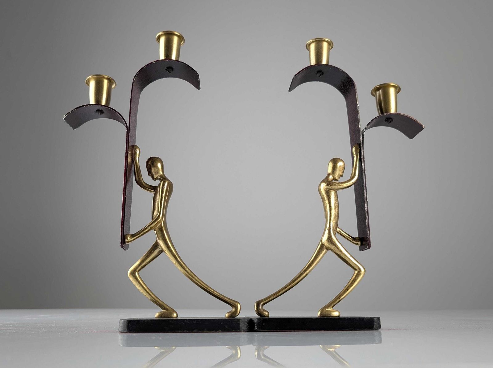 Pair Of Sculptural Bronze Candlesticks By Karl Hagenauer, 1940s photo for sale