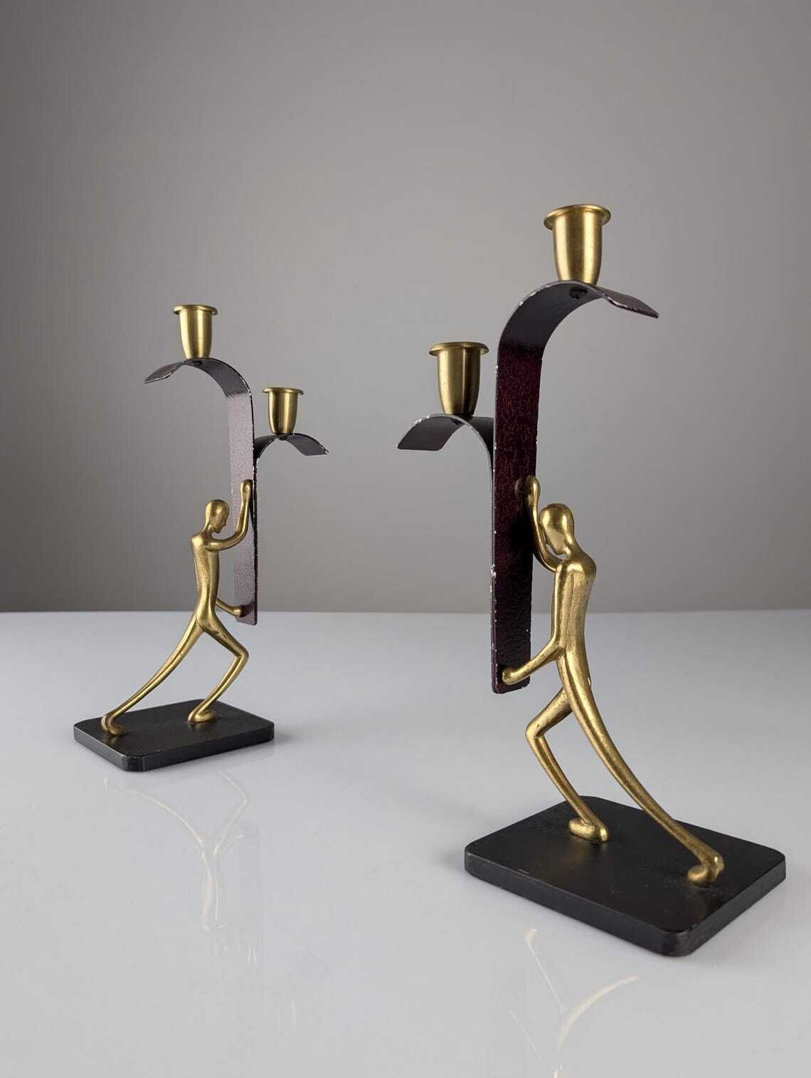 photo vintage Pair Of Sculptural Bronze Candlesticks By Karl Hagenauer, 1940s
