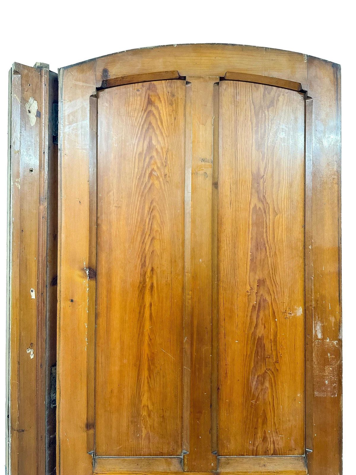 Victorian 4 Panel Pitch Pine Door With Arch & Original Carved Handles   Gothic Revival 19th Century photo for sale