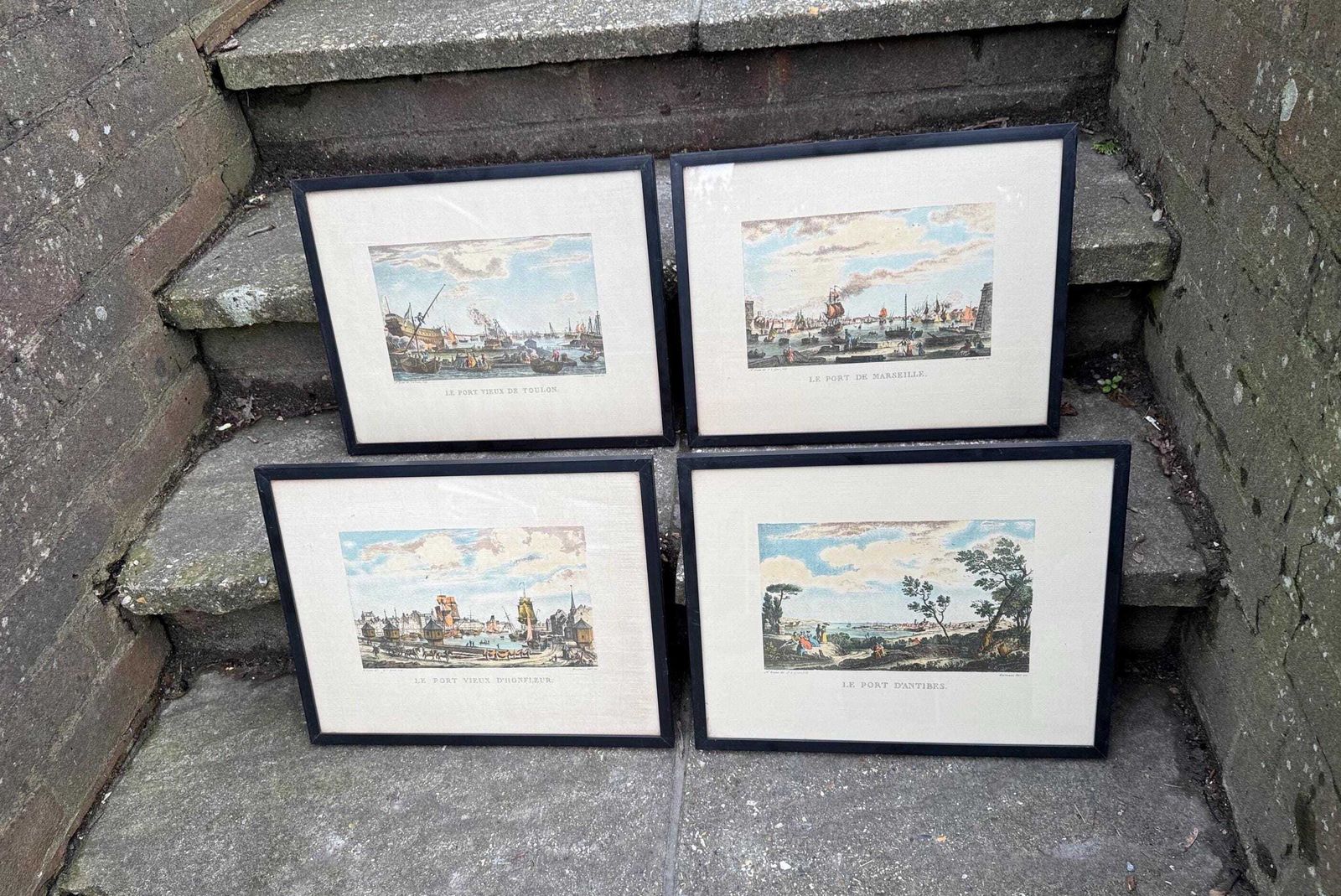 Set Of Four Vintage French Harbour Engravings In Black Frames