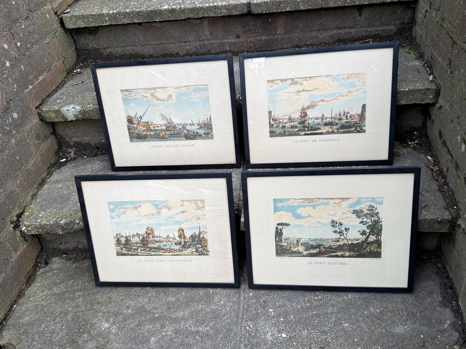Set Of Four Vintage French Harbour Engravings In Black Frames photo furniture