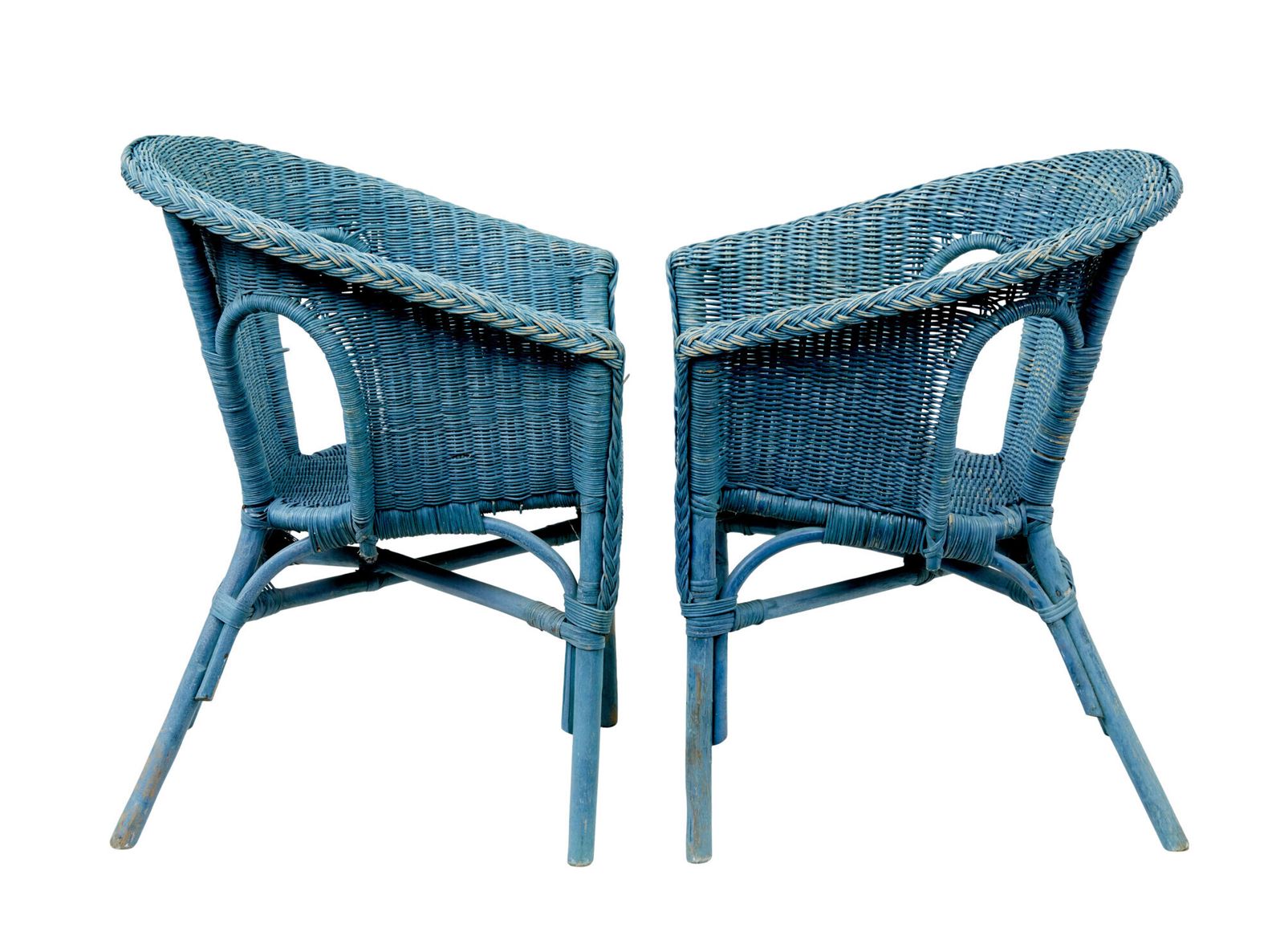 Pair Of Mid Century Blue Painted Wicker Armchairs photo for sale