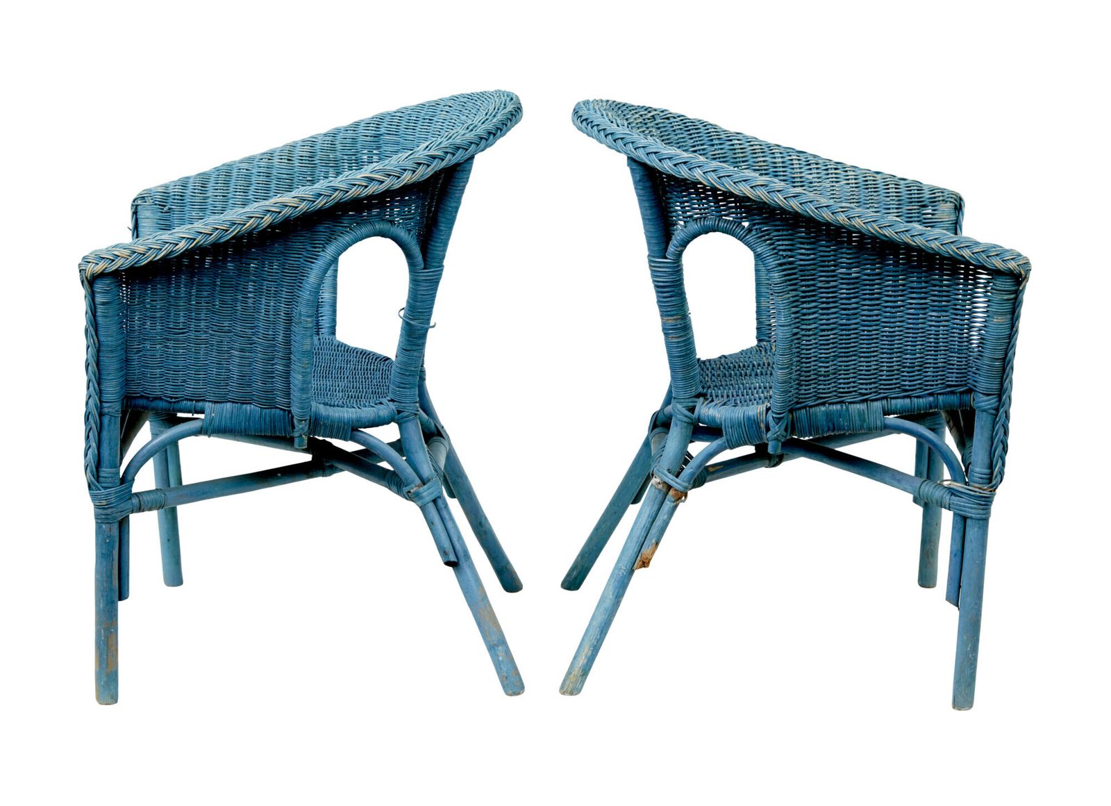 Pair Of Mid Century Blue Painted Wicker Armchairs photo Furniture