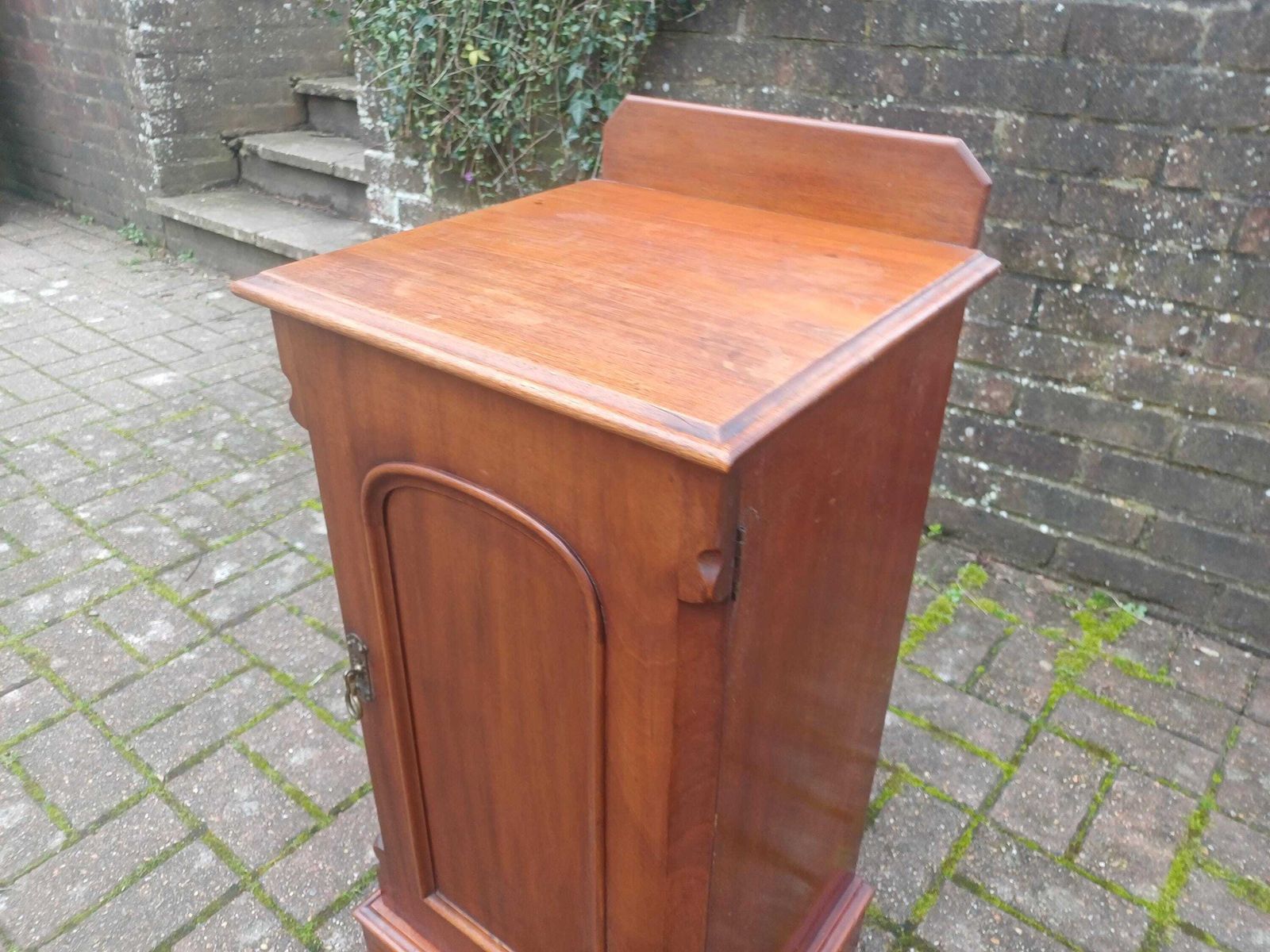 Late Victorian Mahogany Bedside Cupboard Compact Antique Pot Cabinet With Arch Panel Door Brass Handle Shelf Storage photo for sale