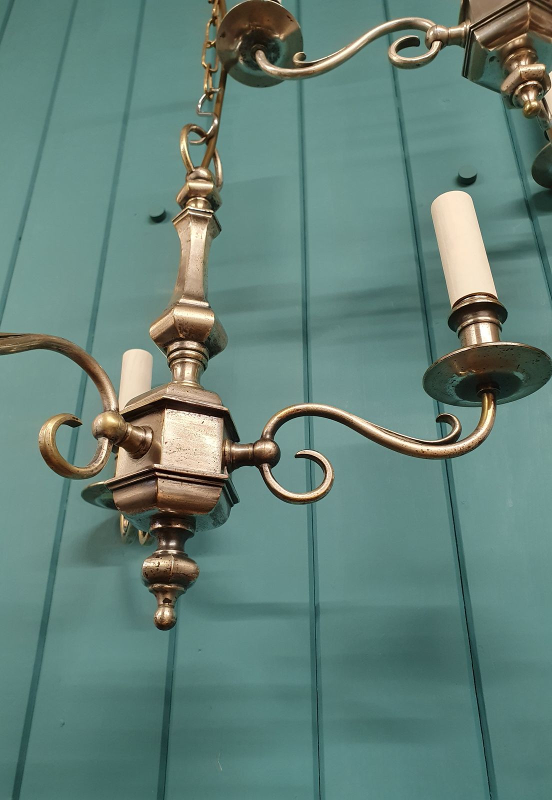 photo furniture Pair Of Early 20th Century Nickel Silver Three Arm Chandeliers 15"