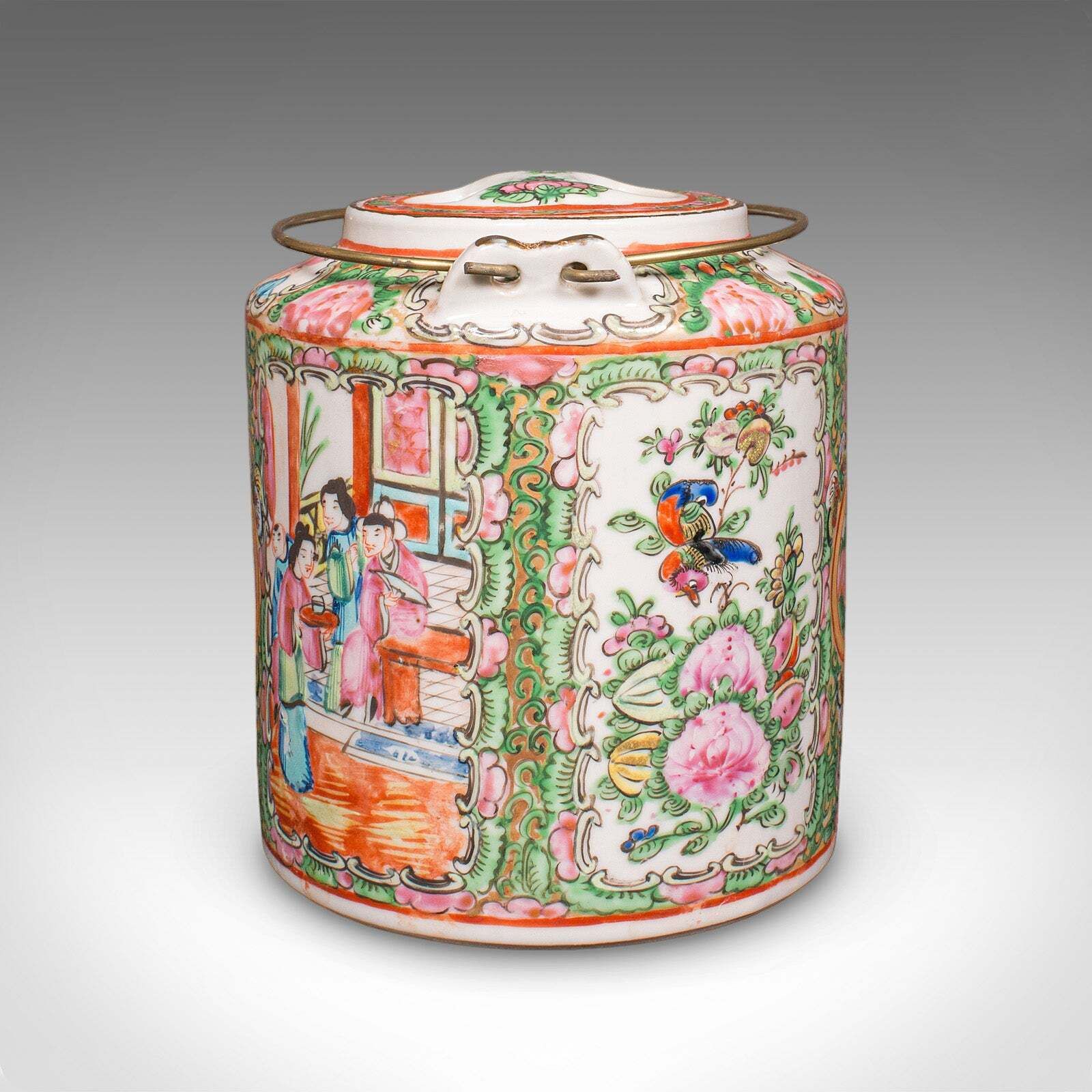 Antique Famille Rose Teapot, Oriental, Ceramic Chá Pot, Wicker Case, Circa 1920 photo 912.0