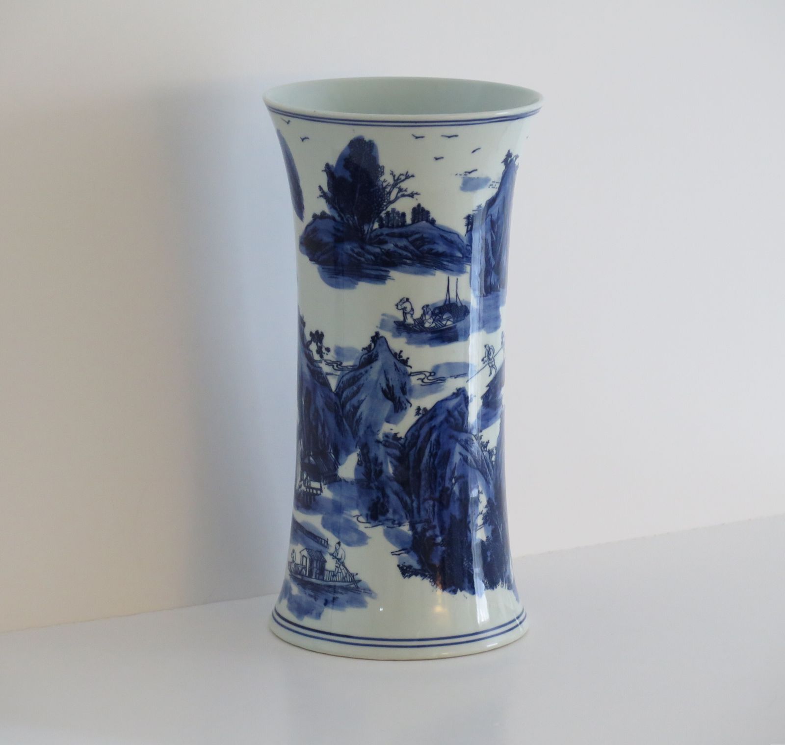 Large Chinese Porcelain Beaker Vase Blue And White Landscape Scene, Six Character Mark, 20th Century photo furniture