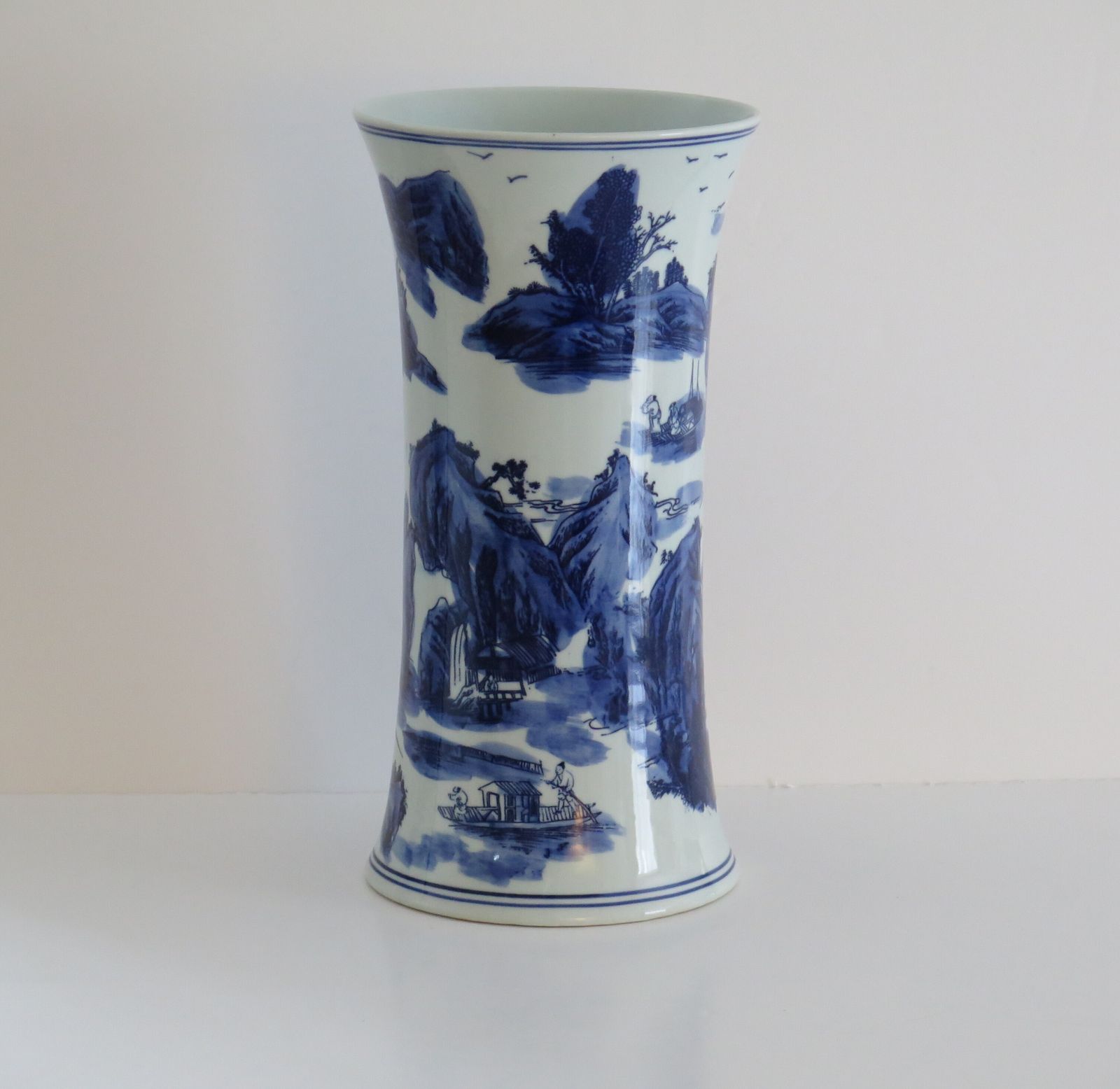Large Chinese Porcelain Beaker Vase Blue And White Landscape Scene, Six Character Mark, 20th Century photo Home Decor