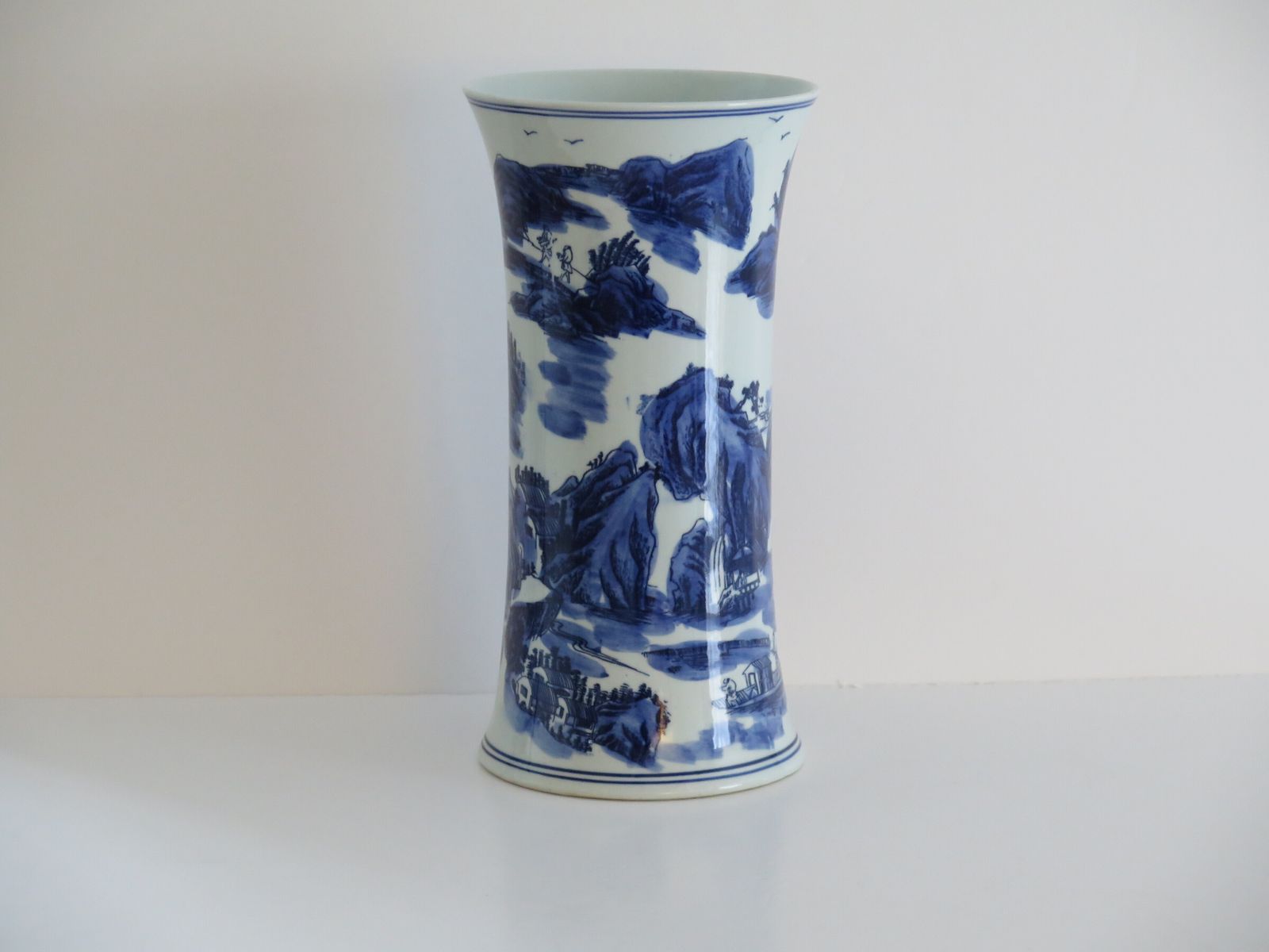 Large Chinese Porcelain Beaker Vase Blue And White Landscape Scene, Six Character Mark, 20th Century photo for sale