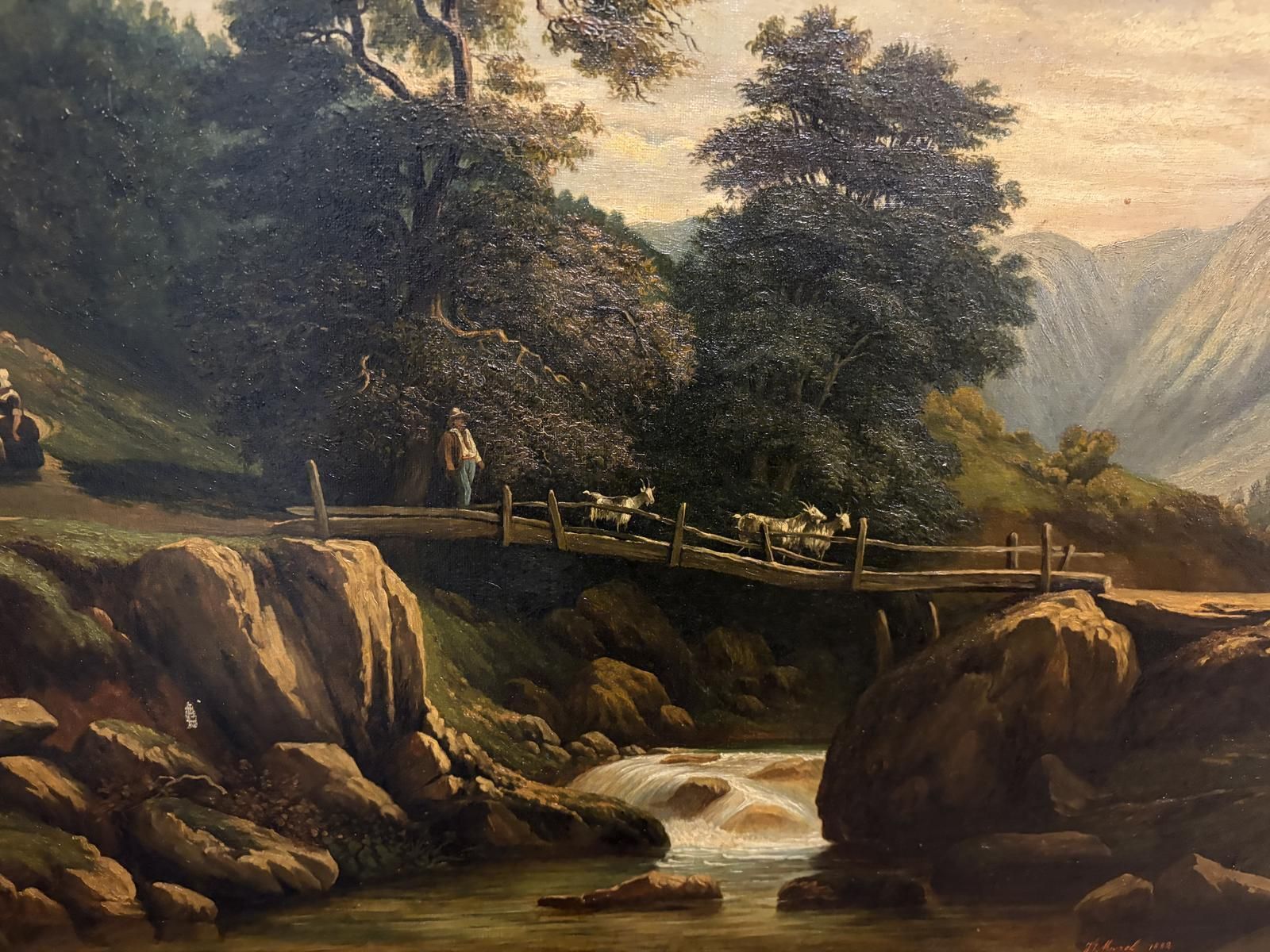 19th Century Oil On Canvas Of A Rural Scene With A Bridge photo for sale