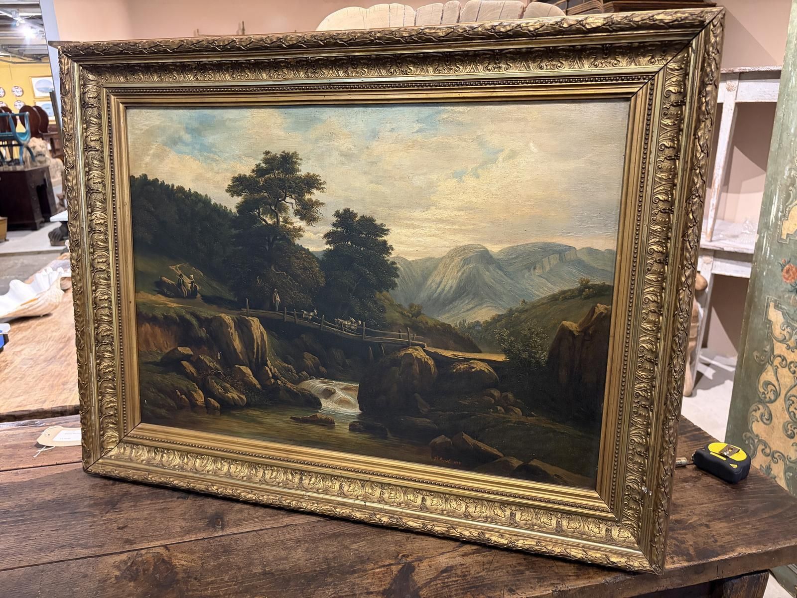 19th Century Oil On Canvas Of A Rural Scene With A Bridge photo vinterior