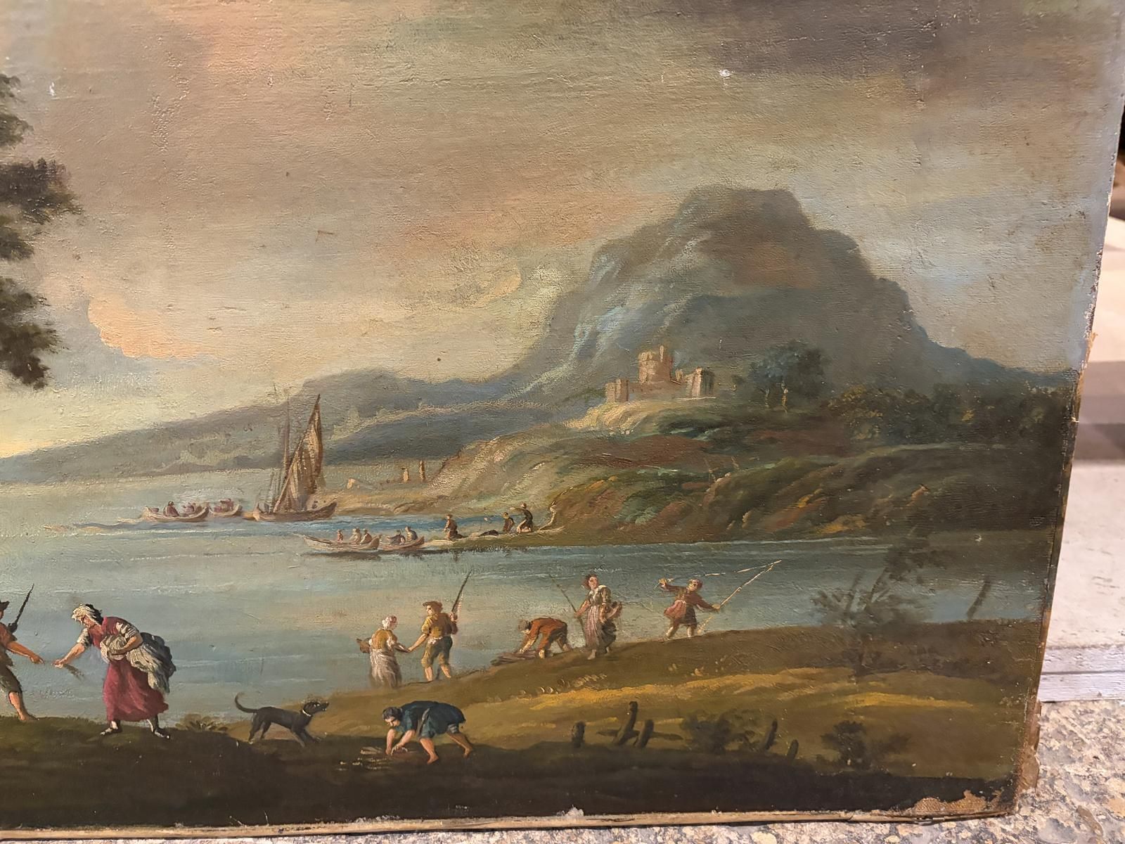18th Century Italian Oil On Canvas Of A Coastal Scene photo vintage