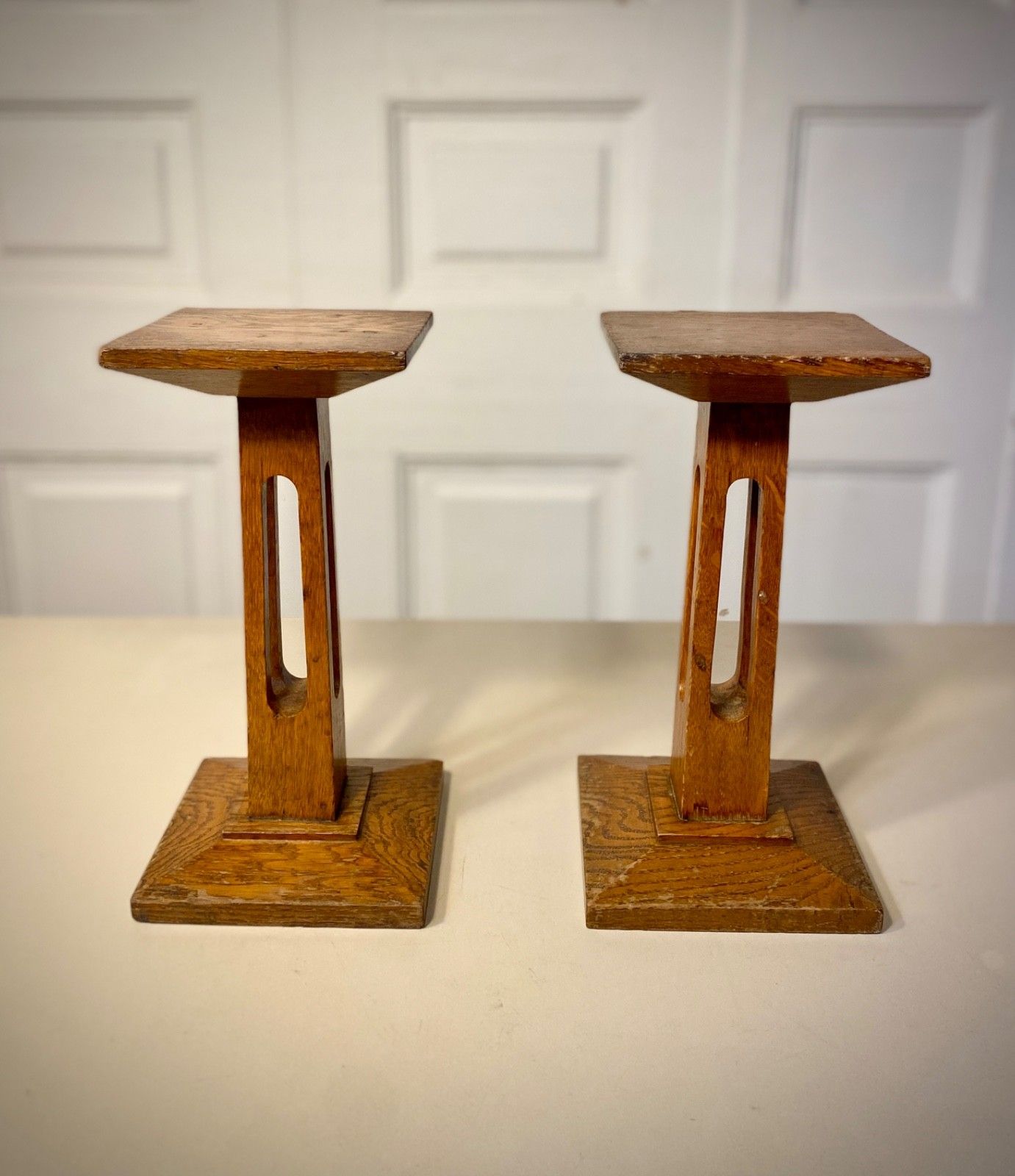 A Pair Of Antique Arts & Crafts English Oak Statue / Display Stands, Pedestal. photo for sale