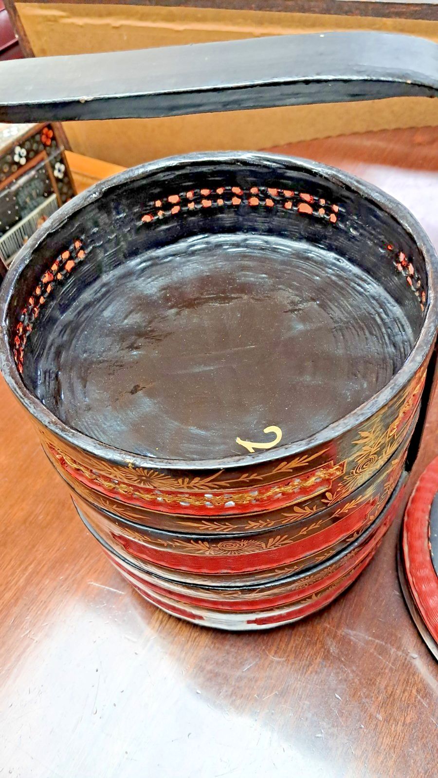 Vintage Chinese 3 Tier Wedding/Betrothal Hand Painted Red & Black Lacquer Basket photo vinterior